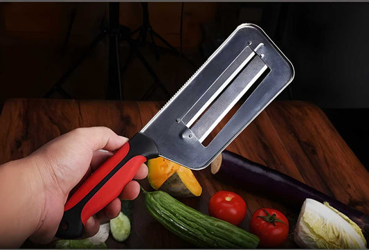 Hand holding Slicer Double 2 Slice Blade Slicing Knife with vegetables on a wooden surface